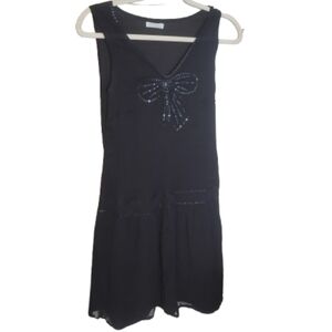 Promod Women's Dress Shift Midi Rhinestones Dropped 'Waist Bow Black 1920s 4